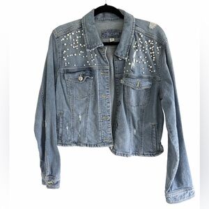 Light Blue Distressed Pearl-Embellished Denim Jacket